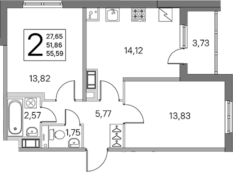 2-комнатная квартира 51.86 м², 4/5 эт., ЖК «ЮгТаун. Олимпийские кварталы»